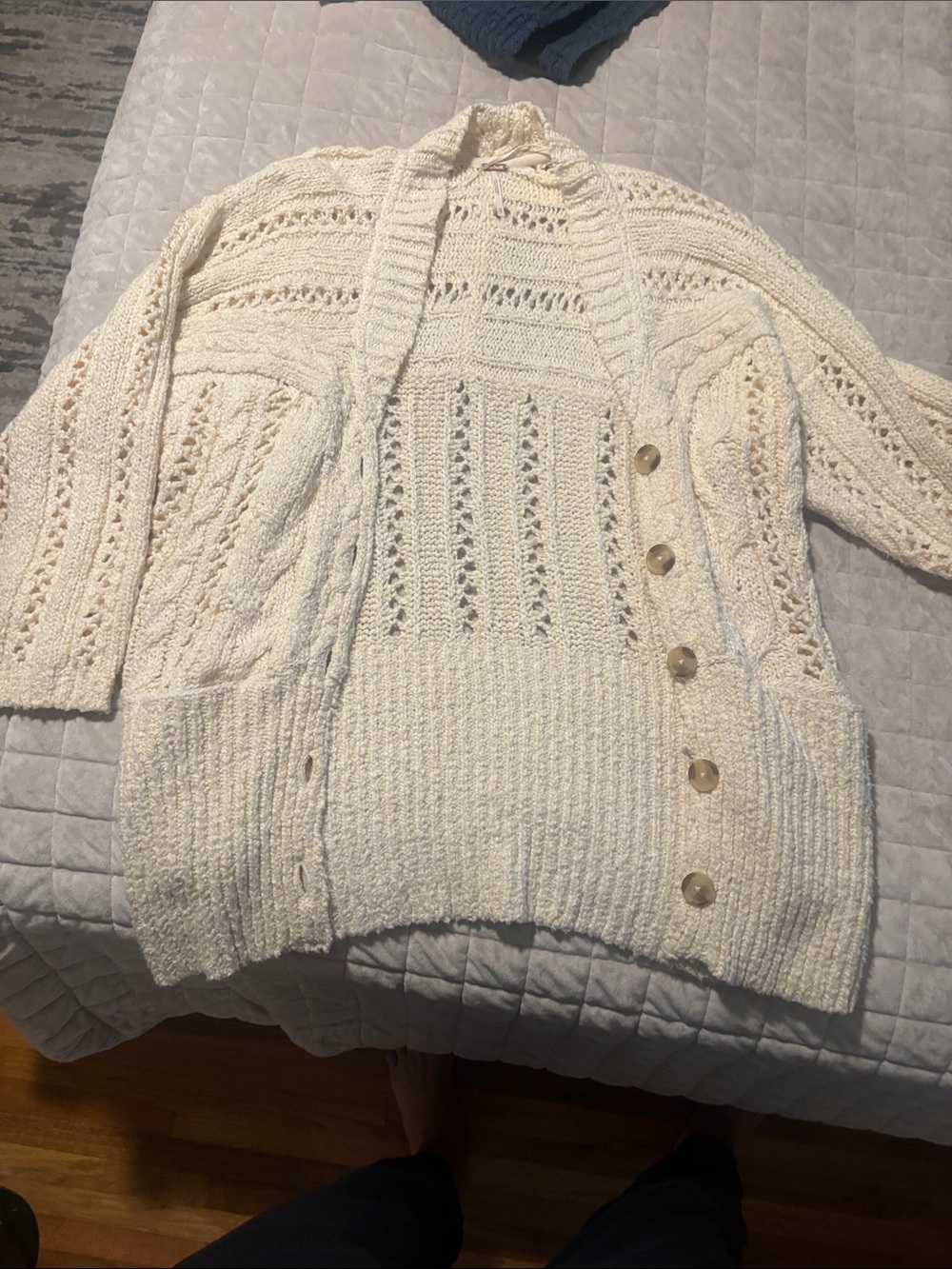 Free People Cream Open-Knit Button Cardigan